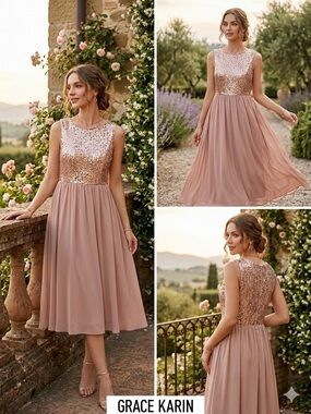 Grace Karin Rose Blush Sequin Bodice Midi Dress
